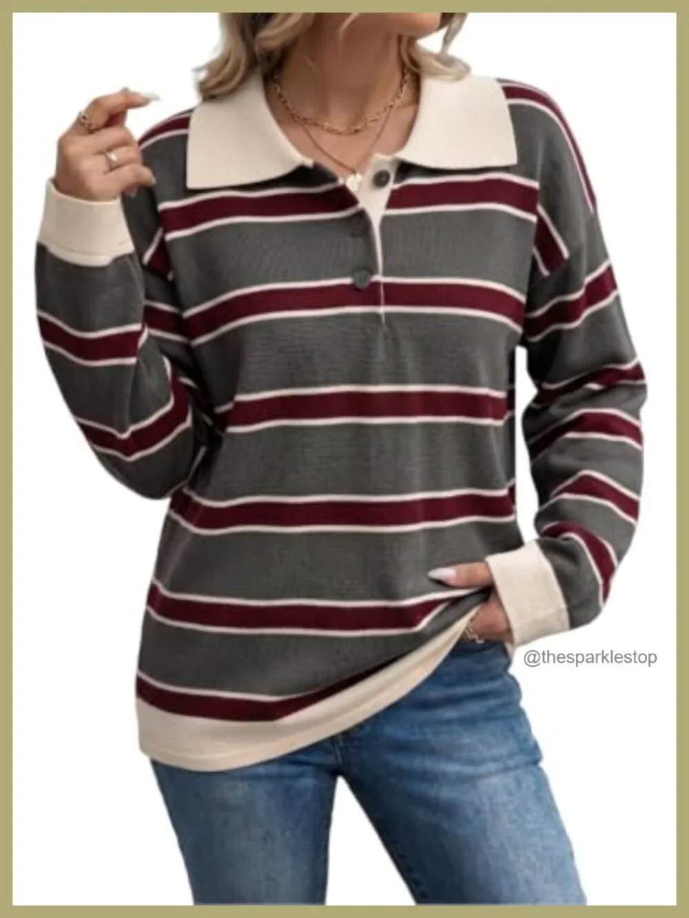 Oversized Striped Knit Polo Sweater
